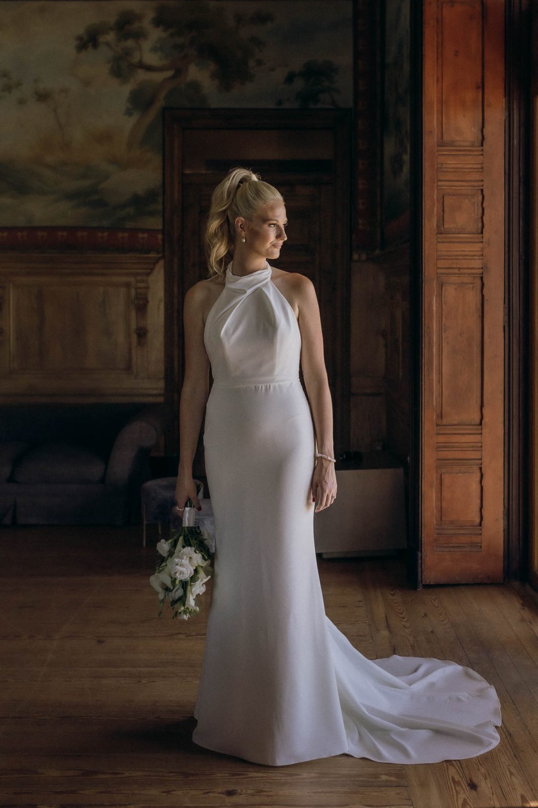 elegant portrait of bride on fit and flare wedding dress